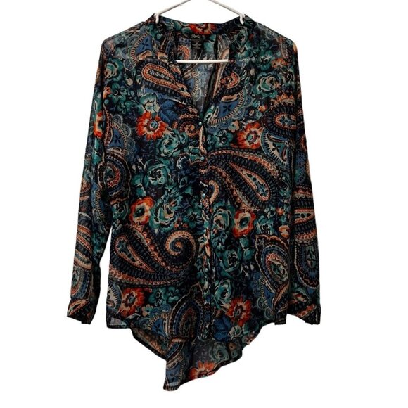 ROCK47 SHEER ROUNDED FLOWING BUTTON FRONT TUNIC Top Size Medium Western Colorful - Picture 1 of 16